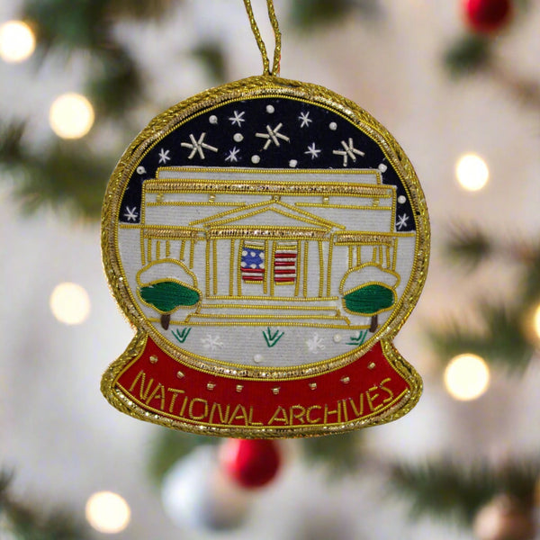 The National Archives in a Snow Globe Fabric Ornament