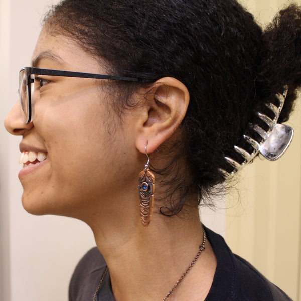 Sacred Feather with Midnight Blue Crystal Earrings