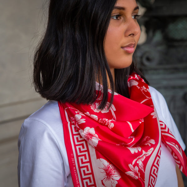 Red Sakura Charmeuse Silk Scarf