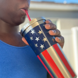 American Flag Stainless Steel Tall Cup with Straw