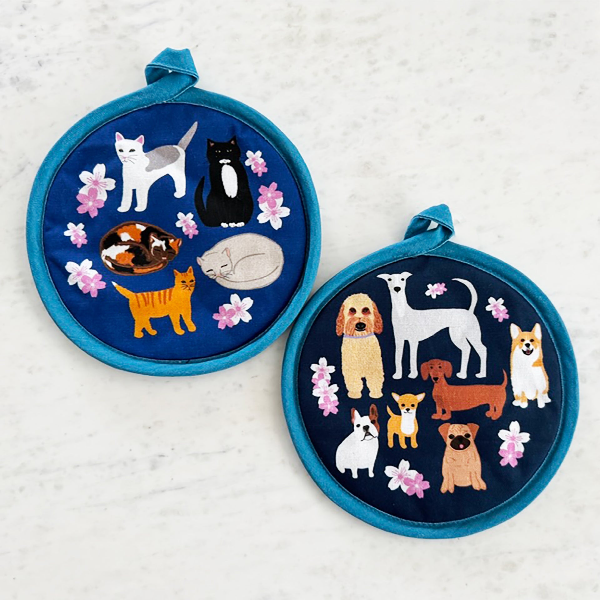 Cherry Blossoms and Dogs Round Potholder