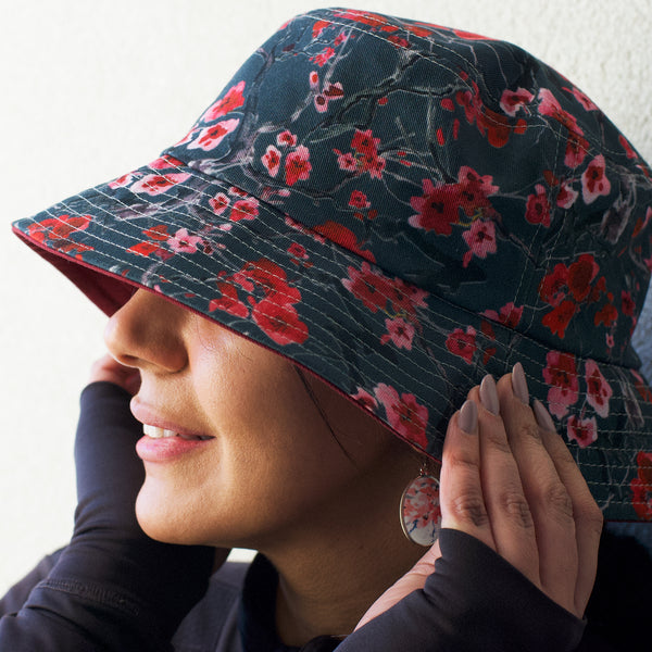 Cherry Blossom Bucket Hat with Charcoal Background