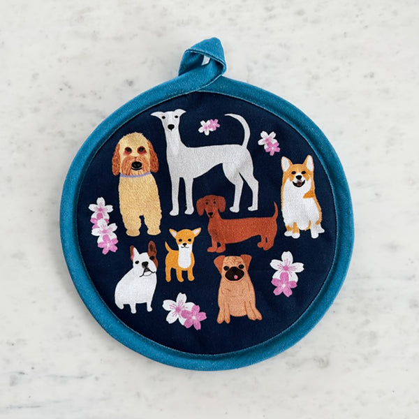 Cherry Blossoms and Dogs Round Potholder