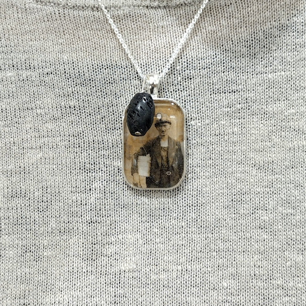 Sterling Silver Necklace with Miner Photo Charm and Lava Stone