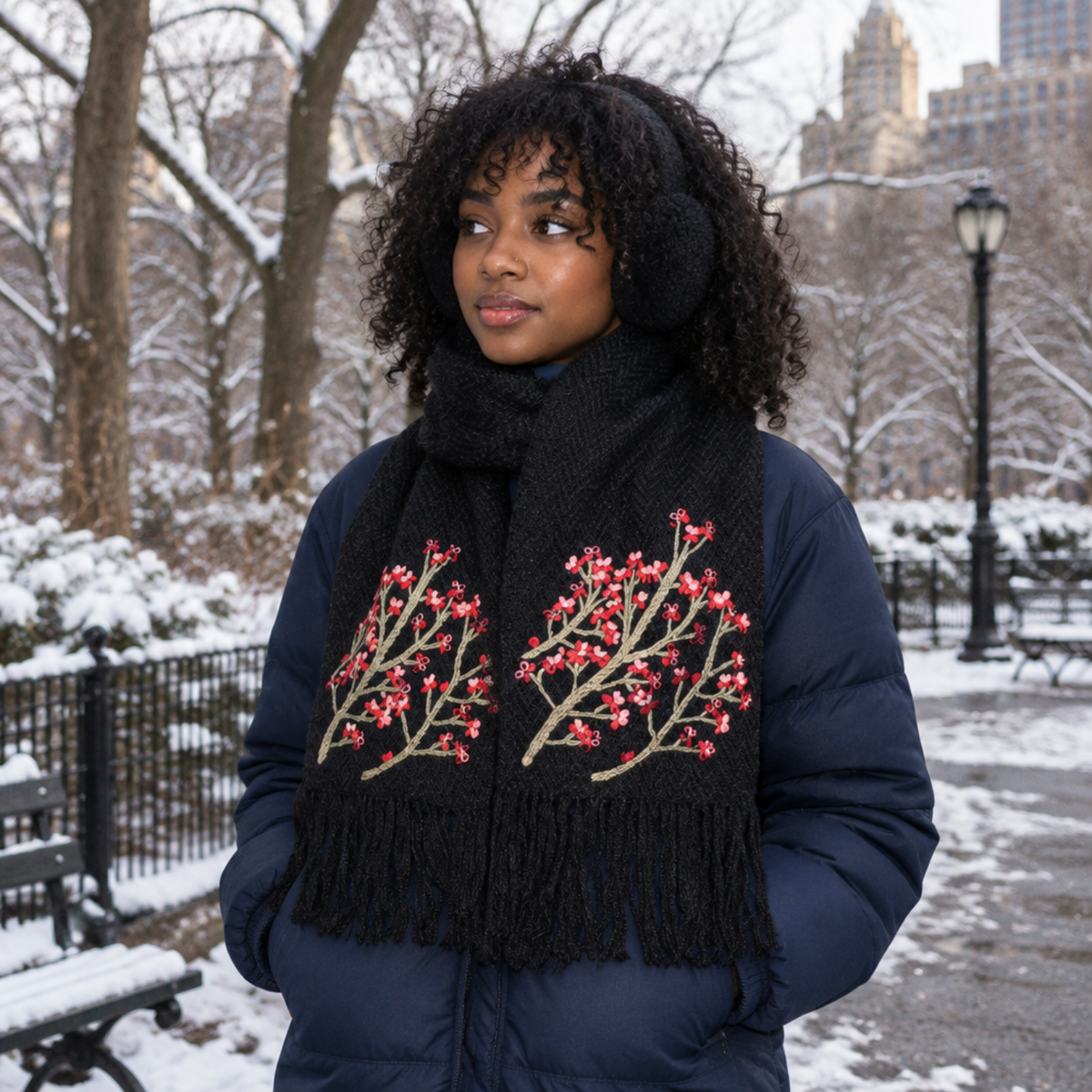 Handknit Black Cherry Blossom Scarf