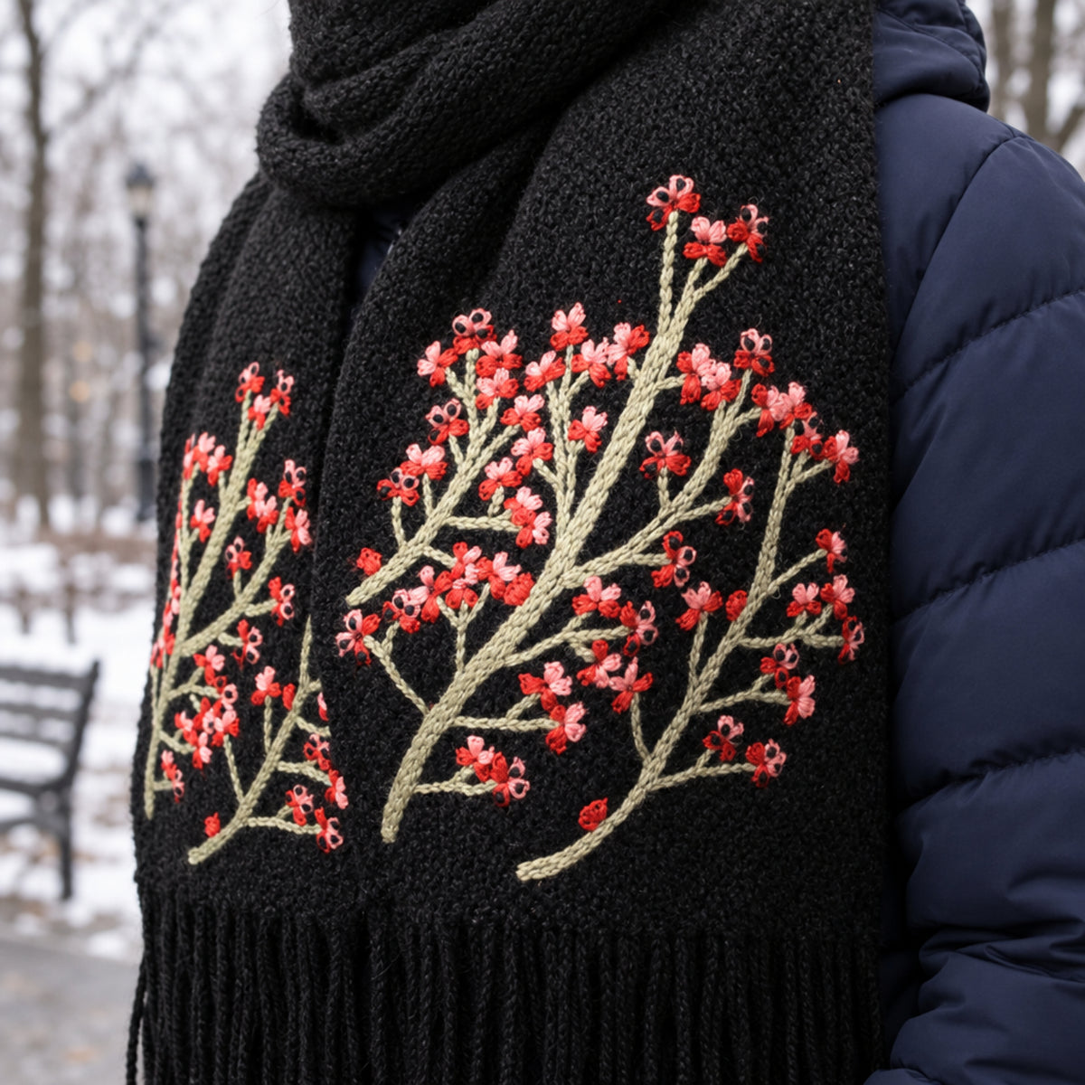 Handknit Black Cherry Blossom Scarf