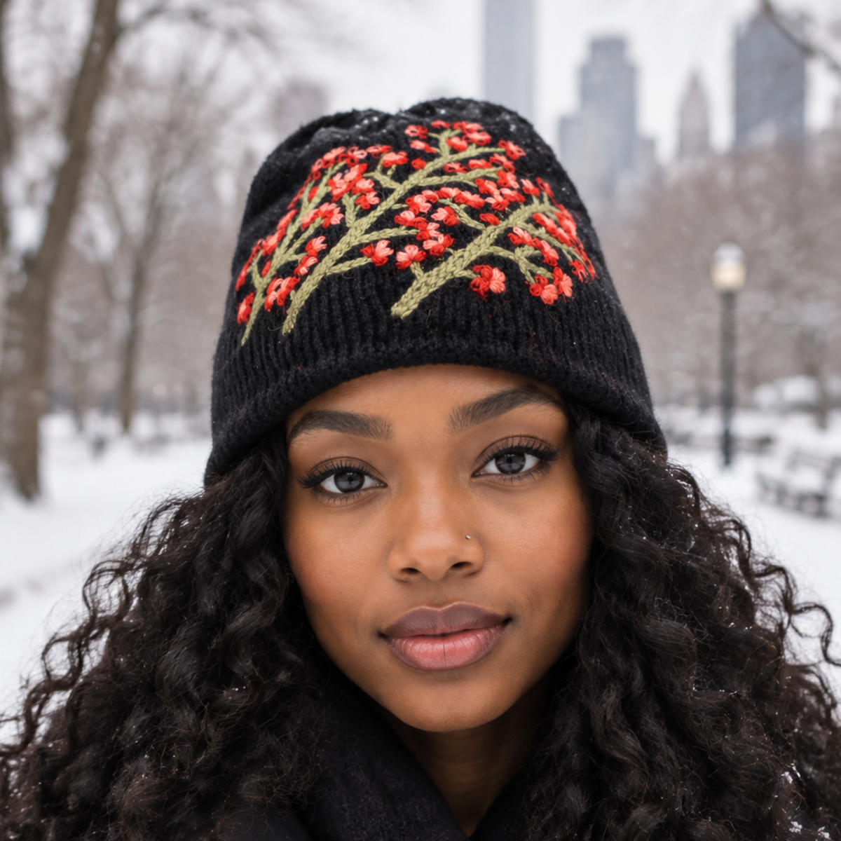 Handknit Black Cherry Blossom Hat