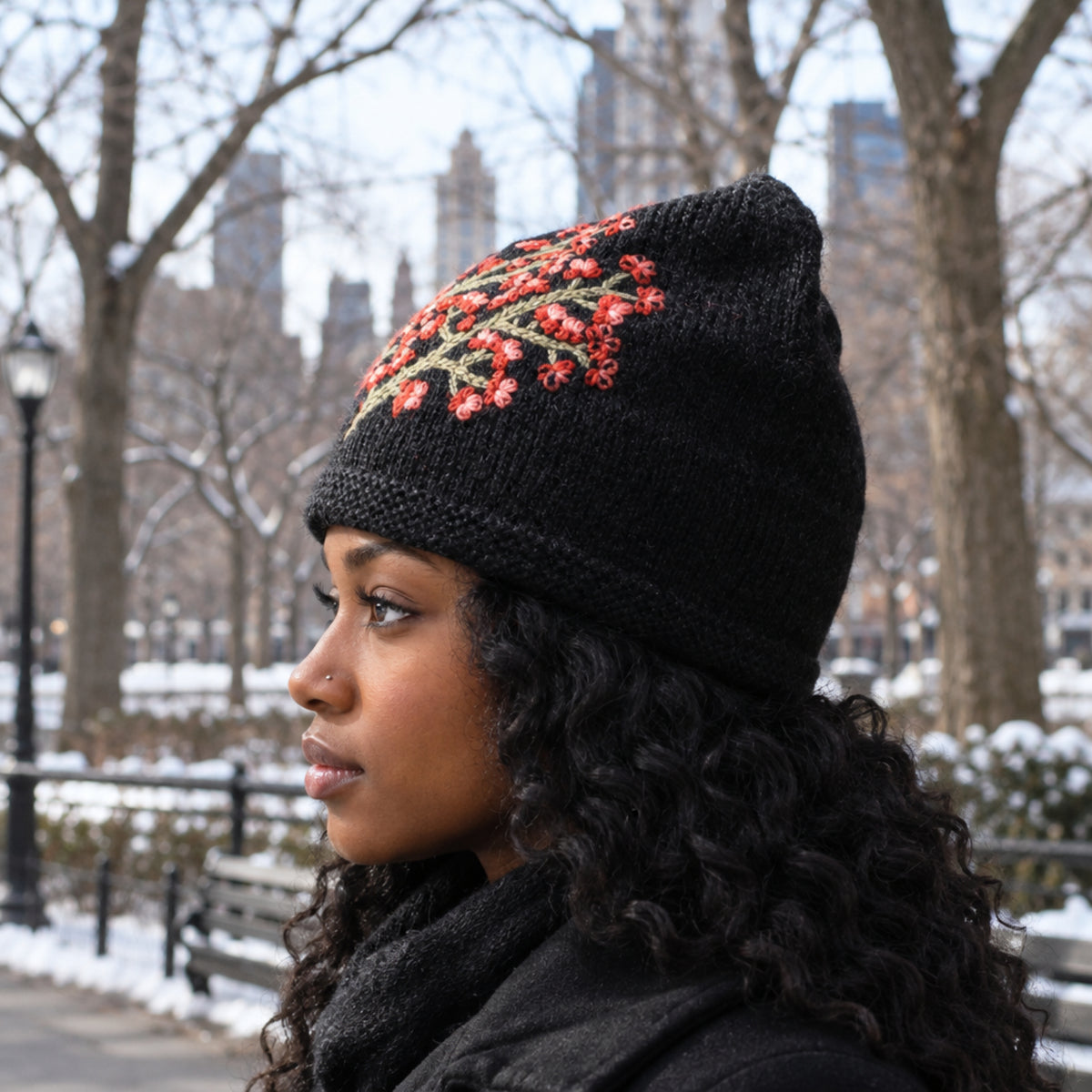 Handknit Black Cherry Blossom Hat