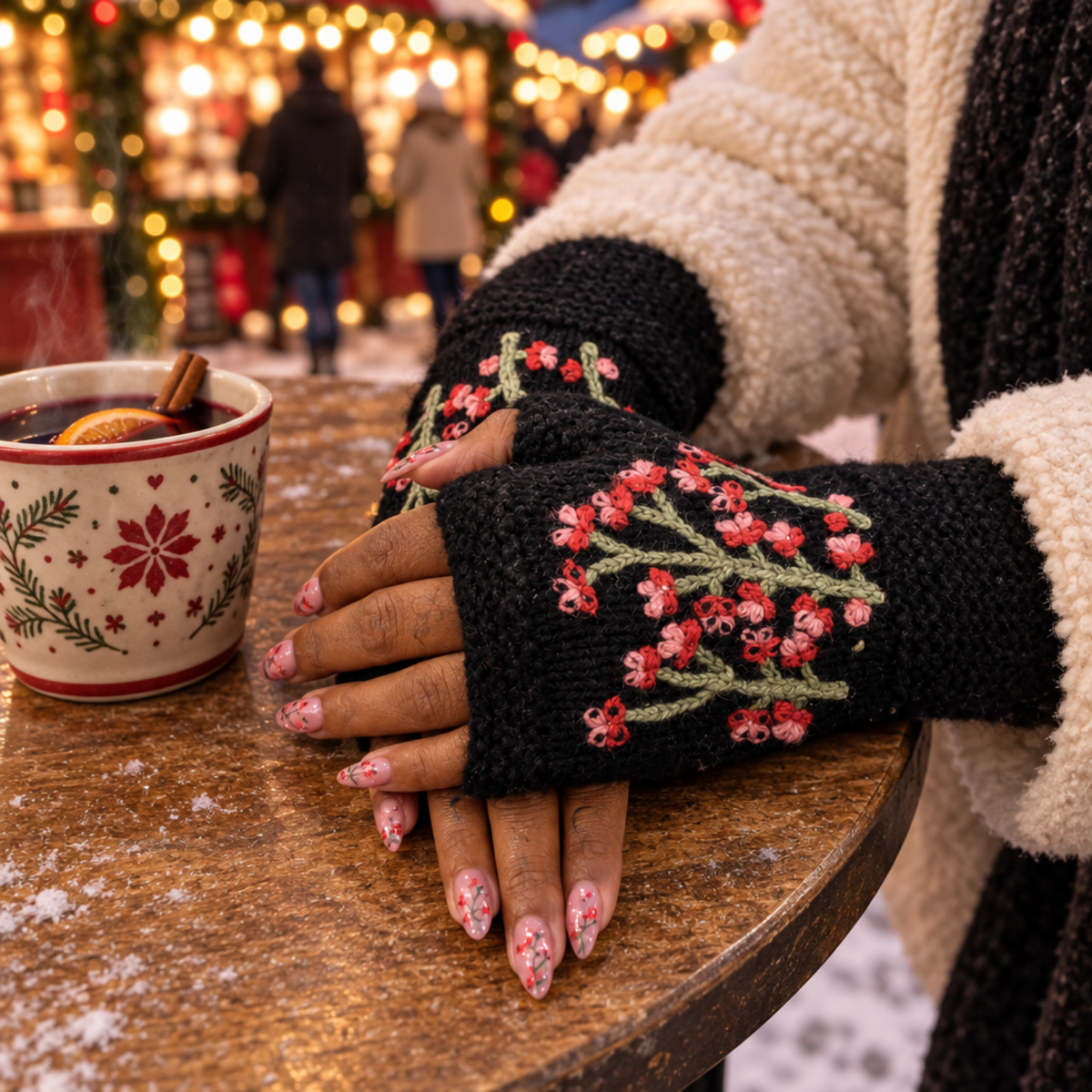 Handknit Black Cherry Blossom Fingerless Mittens