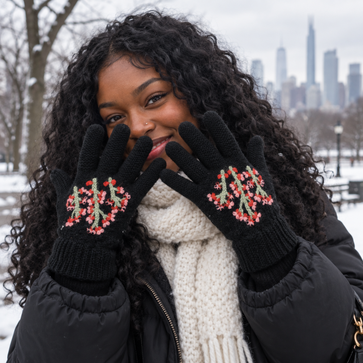 Handknit Black Cherry Blossom Gloves