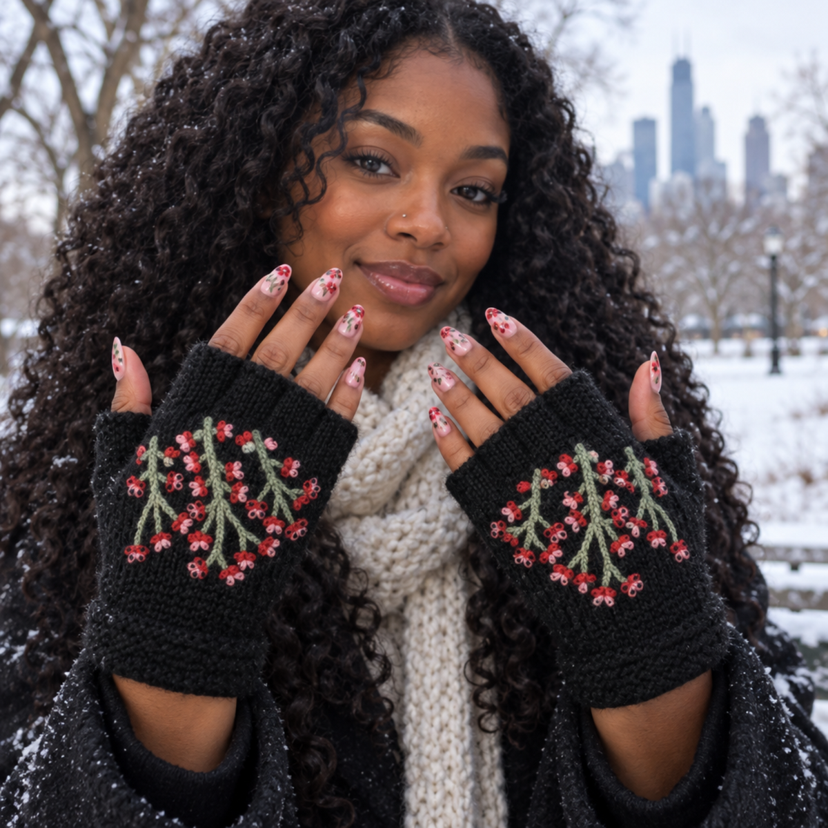 Handknit Black Cherry Blossom Fingerless Mittens