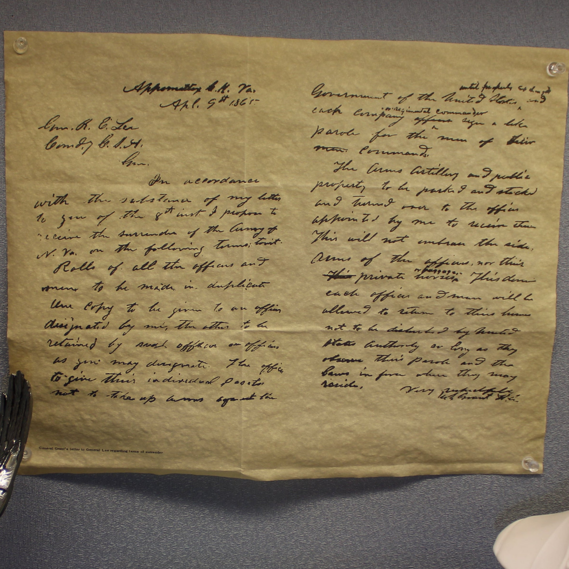 Parchment Print Ulysses Grant's Letter to Robert E. Lee 1865