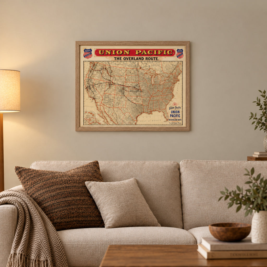 Framed 1892 Union Pacific Railroad Map - Made to Order