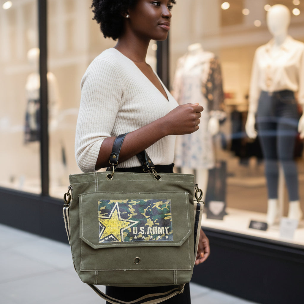 US Army Military Tent Crossbody Messenger Bag with Handles