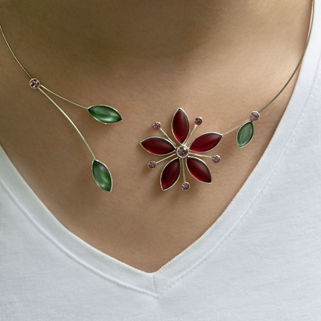 Fuchsia and Sage Green Cherry Blossom Necklace