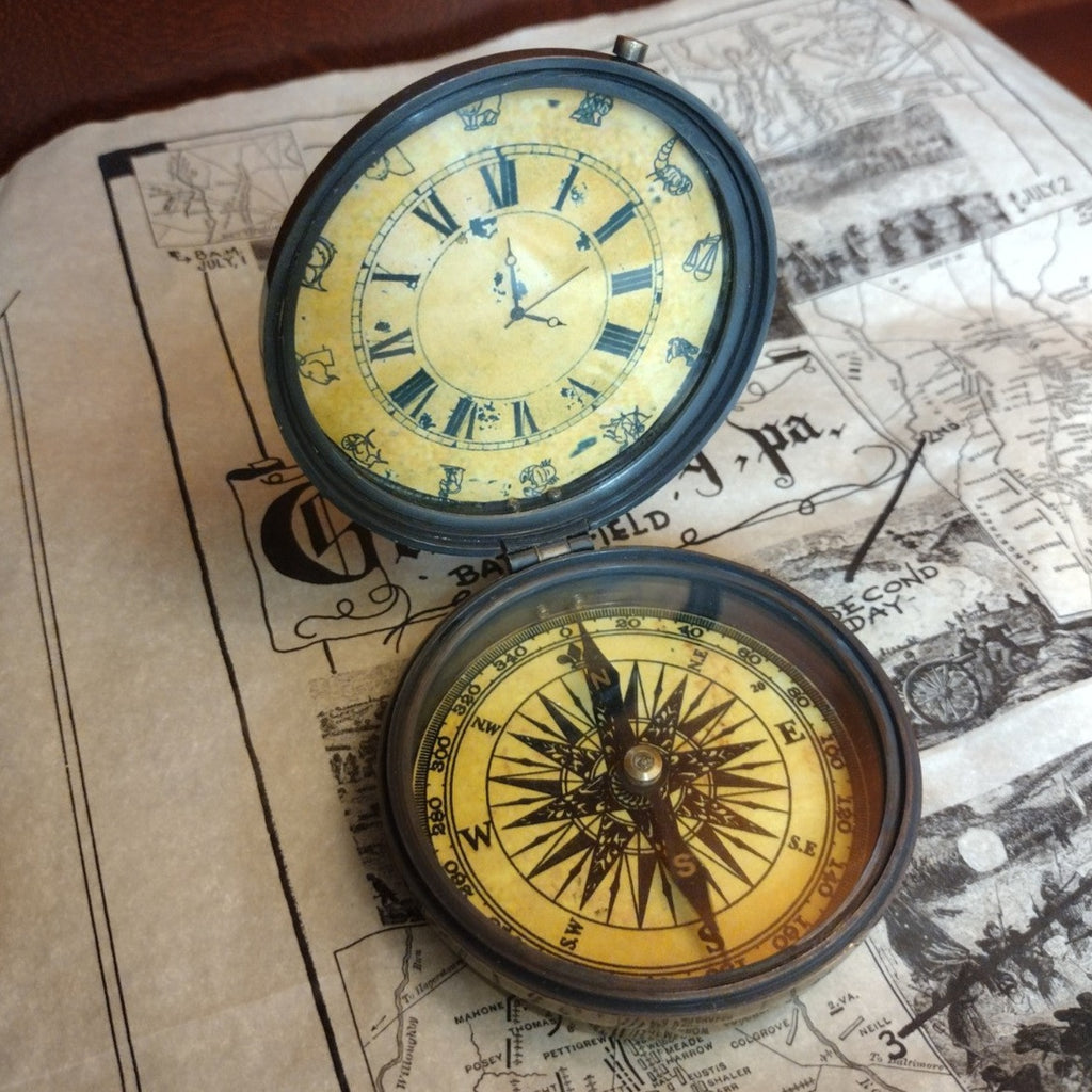 Antiqued Brass Compass and Clock with Hinged Lid – National