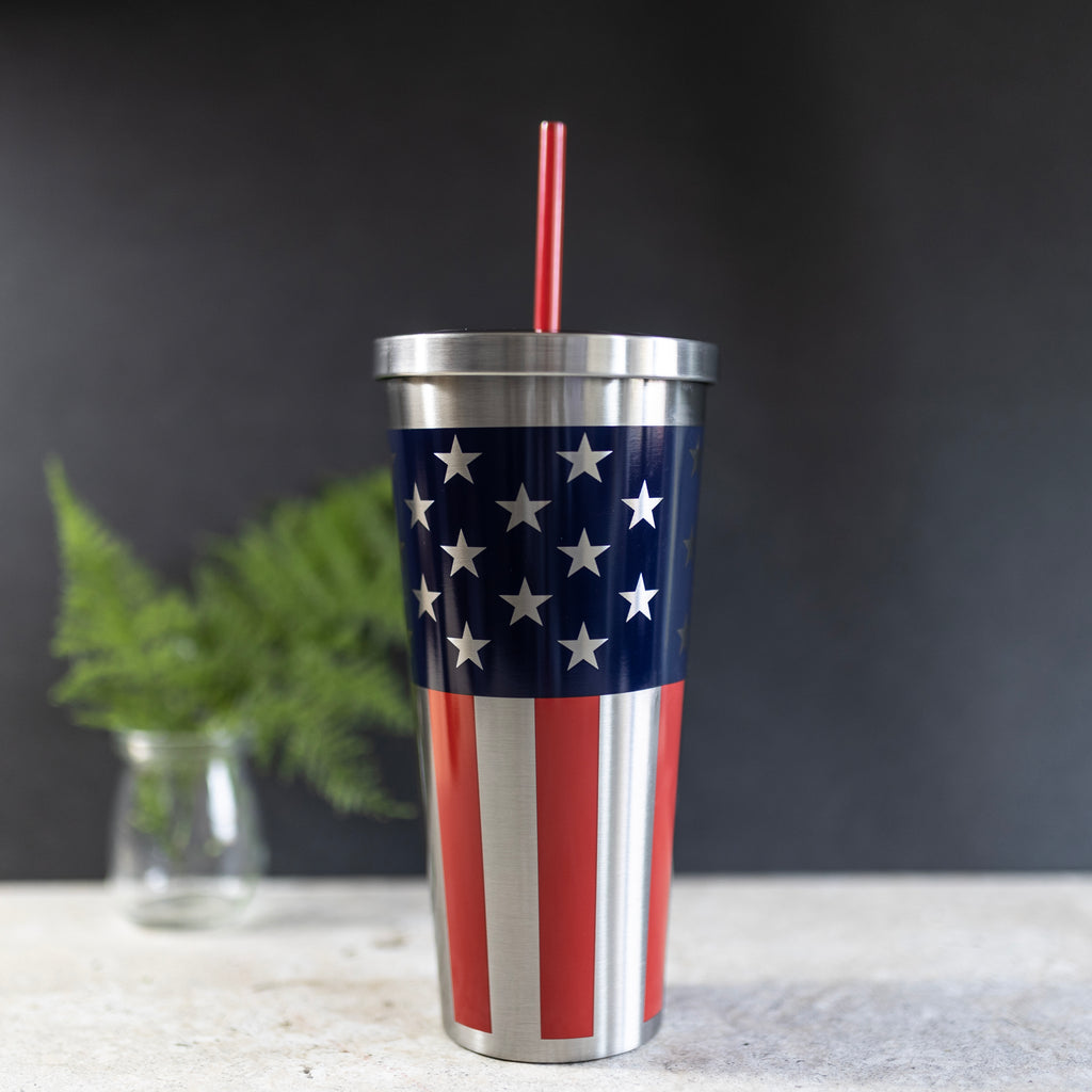 American Flag Stainless Steel Tall Cup with Straw