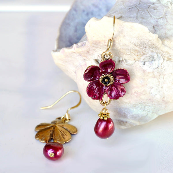 Purple Blossom Drop Earrings with Cultured Pearl