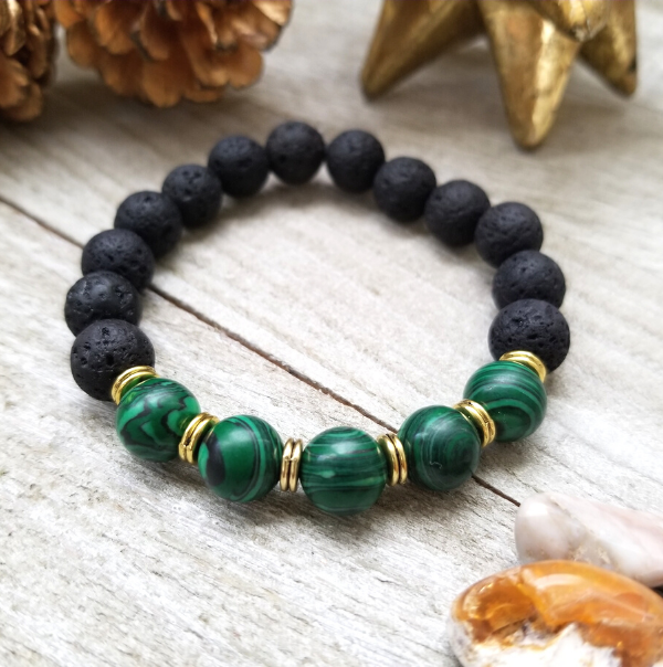 Reconstituted Malachite and Lava Stone Bracelet
